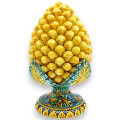 Pinha siciliana com folhas de acanto em cerâmica siciliana, 5 opções de tamanho (1 unidade) Amarelo com folhas e base co