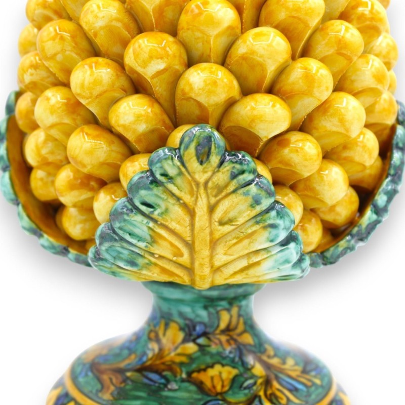 Pinha siciliana com folhas de acanto em cerâmica siciliana, 5 opções de tamanho (1 unidade) Amarelo com folhas e base co