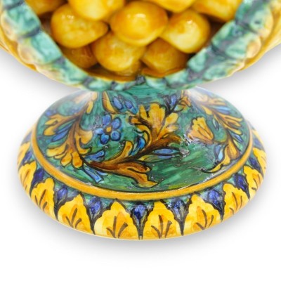 Pigna siciliana con foglie d’acanto in ceramica Siciliana, 5 opzioni dimensione (1Unità) Giallo con foglie e base decoro