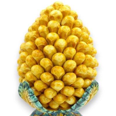 Szyszka sycylijska z liśćmi akantu z ceramiki sycylijskiej, 5 opcji rozmiaru (1 szt.) Żółta z liśćmi i podstawą z dekora