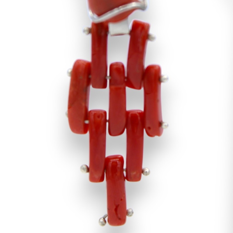 Orecchini Artigianali in Argento 925 e Corallo taglio Baguette  h 5 cm ca. - 