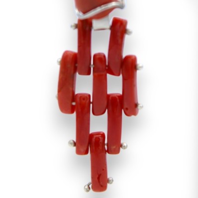 Orecchini Artigianali in Argento 925 e Corallo taglio Baguette  h 5 cm ca. - 