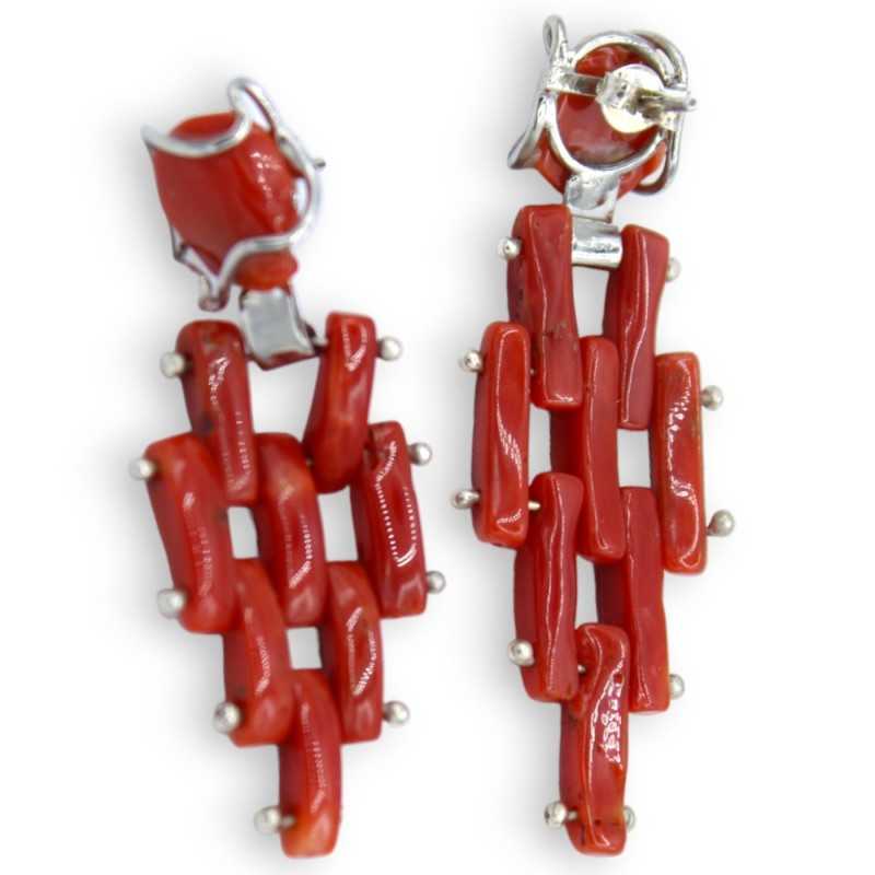 Handcrafted earrings, h approx. 5 cm. 925 silver, Baguette cut coral -