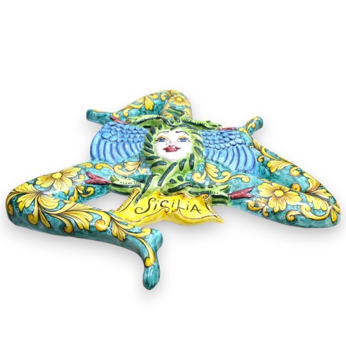 Trinacria Gigante in ceramica Siciliana, h 55 x 55 cm ca. fondo Verderame, decoro barocco e floreale -  2