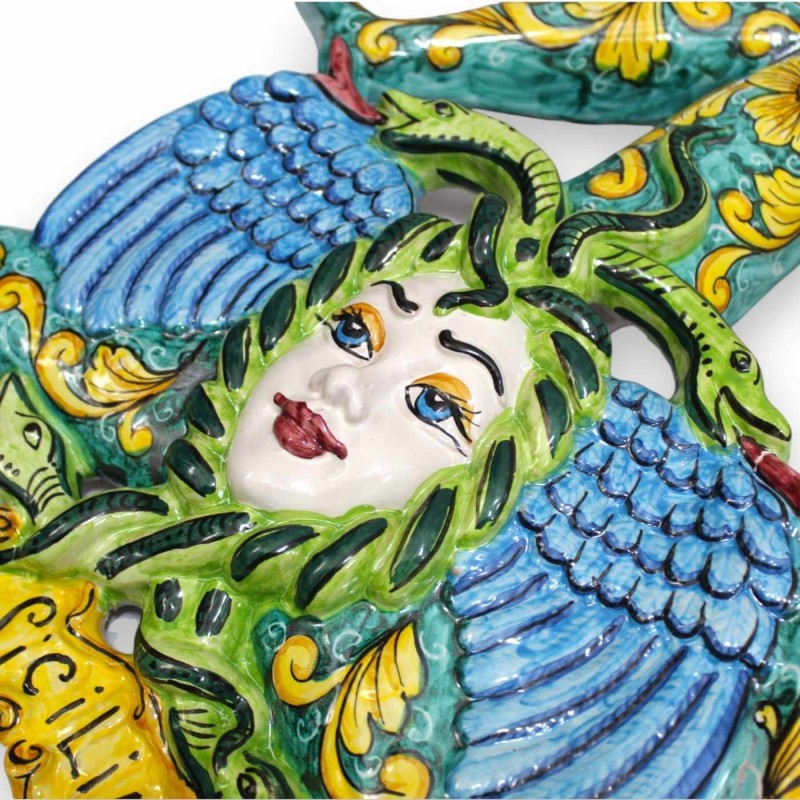 Trinacria in Sicilian ceramic, h 55 x 55 cm approx. Verderame background, baroque and floral decoration - 