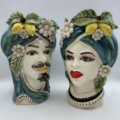 Testa di Moro Caltagirone with Lemons and Flowers, background with verdigris and antique blue shades, h 28cm approx - 