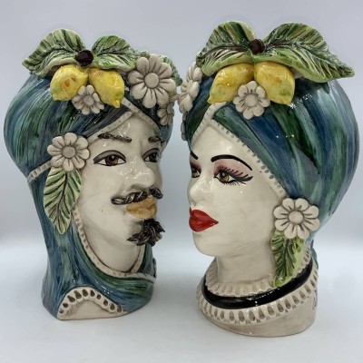 Testa di Moro Caltagirone with Lemons and Flowers, background with verdigris and antique blue shades, h 28cm approx - 