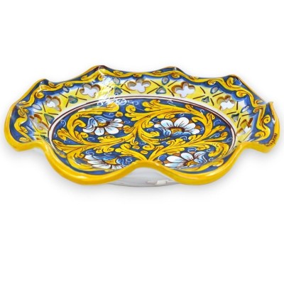 Centrotavola smerlato traforato in ceramica Caltagirone, 2 opzioni misura (1Unità) decoro barocco e floreale su fondo bl