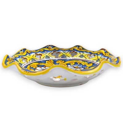Centrotavola smerlato traforato in ceramica Caltagirone, 2 opzioni misura (1Unità) decoro barocco e floreale su fondo bl