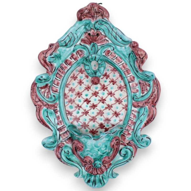 Acquasantiera in ceramica Siciliana - h 30 x L 20 cm ca. fondo verde e bordeaux, decoro merletto MD1 - 