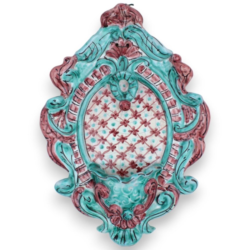 Pila de cerámica siciliana - h 23 x L 14 cm aprox. fondo verde y amarillo, decoración barroca MOD 6 - 