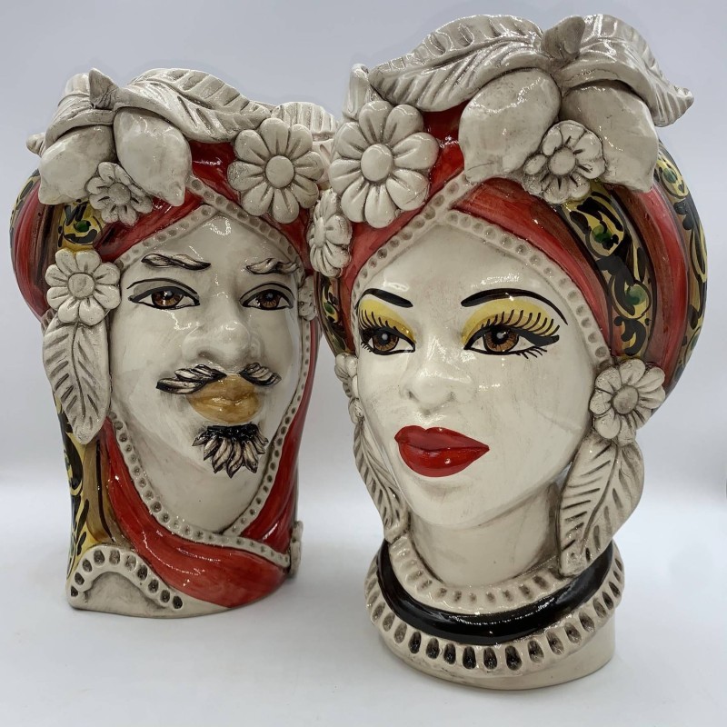 Siciliansk Moro Head med citroner och blommor, Caltagirone, h 28 cm - 