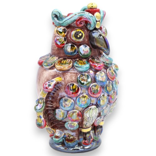 Caltagirone ceramic owl with relief decorations h 16 / 17 cm approx. mother-of-pearl enamel with 24k pure gold details M 2