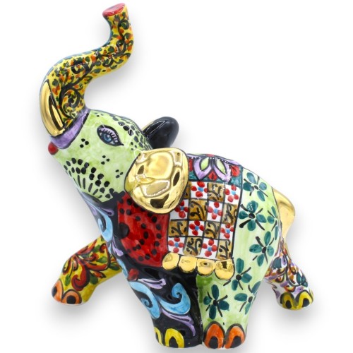Caltagirone Ceramiczny talizman na szczęście Słoń, wys. ok. 30 cm. Seria ÉLITE GOLD, detale emaliowane 24-karatowym złot