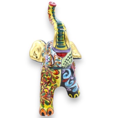 Caltagirone Ceramiczny talizman na szczęście Słoń, wys. ok. 30 cm. Seria ÉLITE GOLD, detale emaliowane 24-karatowym złot