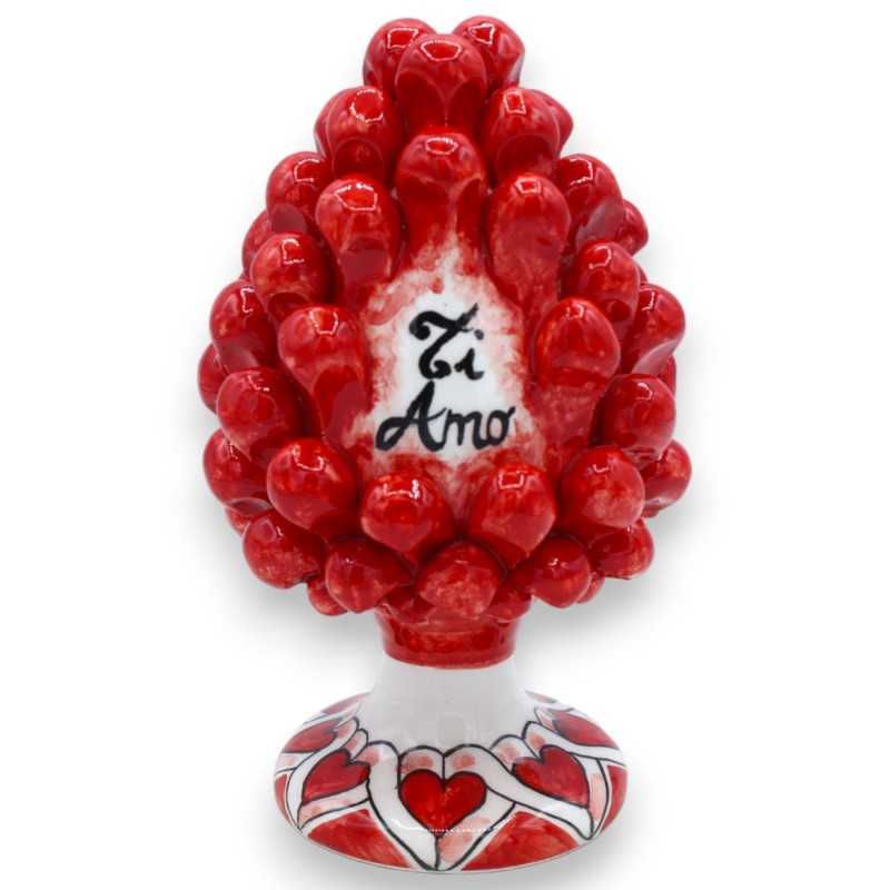 Pine cone I LOVE YOU in Caltagirone ceramic, Red and base with '600 decoration, h 10 cm approx. (1Pcs) Mod FL - 