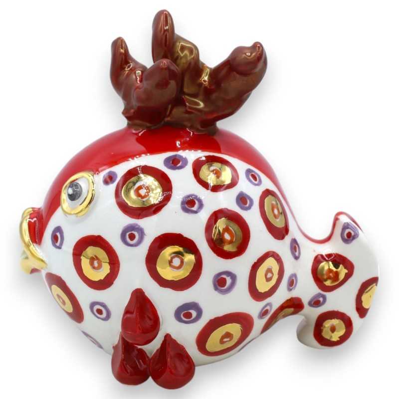 Bänkskiva puffer fisk, Caltagirone keramik, 2 storleksalternativ (1 st) 24k rent guld emalj och rubin emalj - 