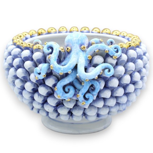 Antieke blauwe dennenappel als middelpunt, Ø 25 ca. Caltagirone keramiek, Octopus in reliëf en 24k gouden emaille detail