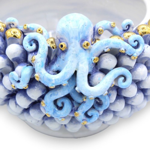 Pigna Blu Antico Centerpiece, Ø 25 approx. Caltagirone ceramic, embossed octopus and 24k gold enamel details -  2
