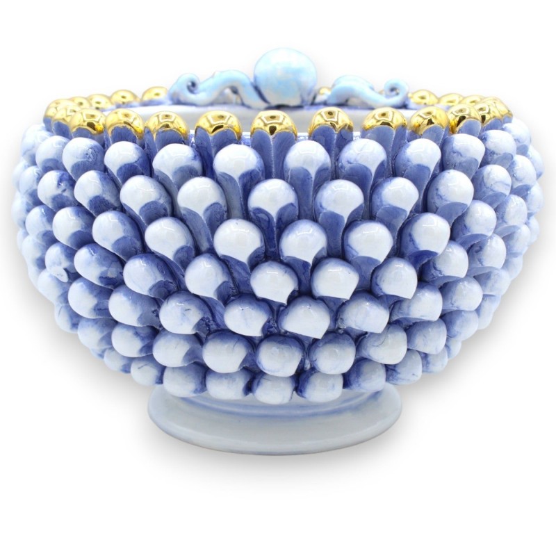 Centro de mesa piña azul antiguo, Ø 25 aprox. Cerámica de Caltagirone, Pulpo en relieve y detalles en esmalte oro puro d