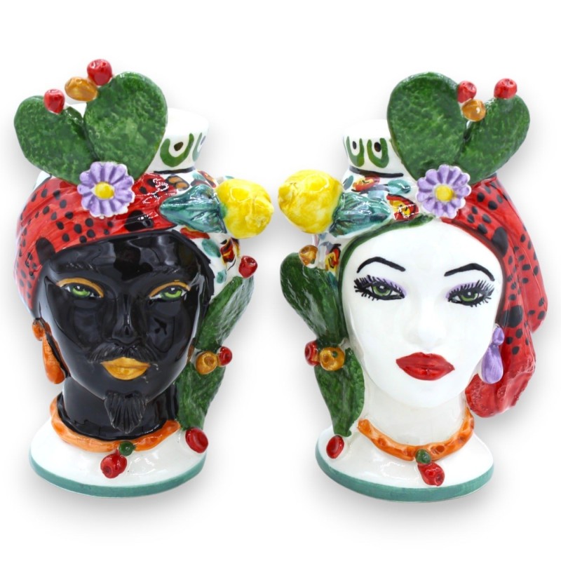 Paire de Têtes de Maure Caltagirone - h environ 16 / 18 cm Citron et figue de Barbarie, décoration de charrette sicilien