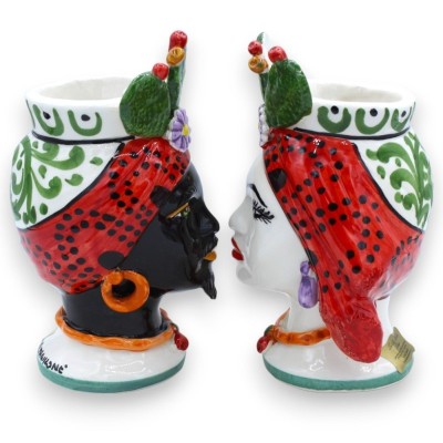 Paire de Têtes de Maure Caltagirone - h environ 16 / 18 cm Citron et figue de Barbarie, décoration de charrette sicilien