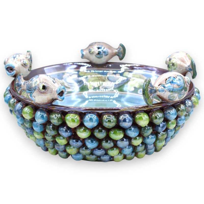 Caltagirone ceramic pine cone centerpiece with 5 turned fish Ø approx. 30 cm. Sicilian cart decoration and mother-of-pea
