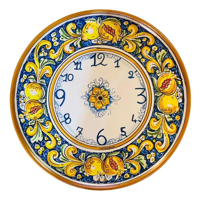 Orologio in ceramica Caltagirone - Ø 45 cm ca. Completo di Ingranaggio, decoro limoni e melograni su fondo blu - 