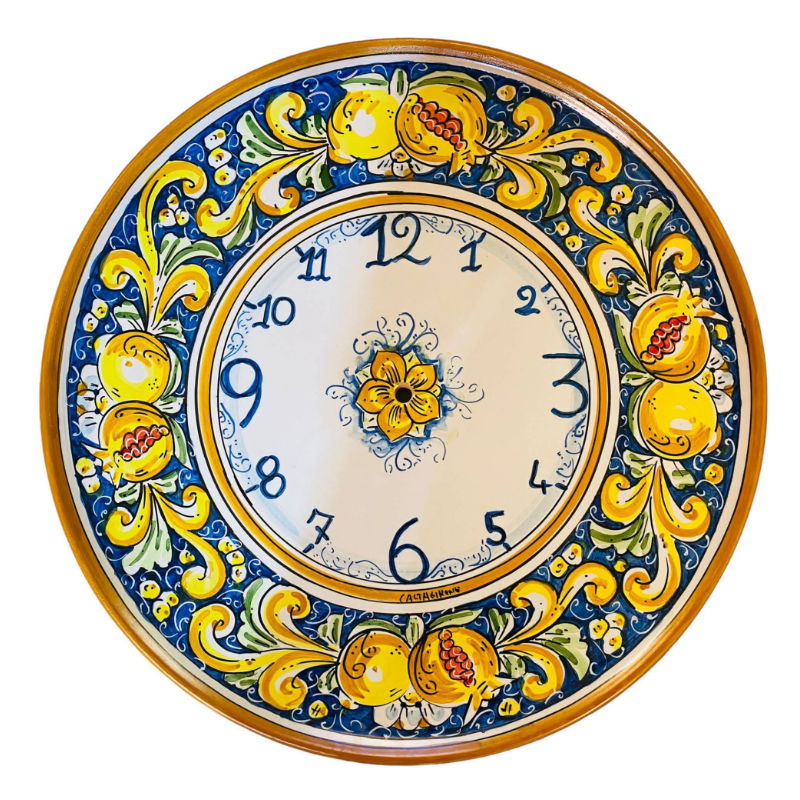 Relógio de cerâmica Caltagirone - Ø 45 cm aprox. Completo com decoração Gear, limão e romã em um fundo azul - 