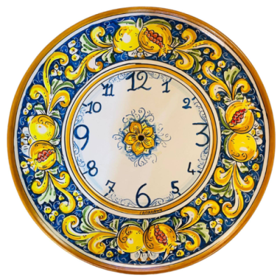 Horloge en céramique Caltagirone - Ø environ 45 cm Complet à décor d'engrenages, de citrons et de grenades sur fond bleu