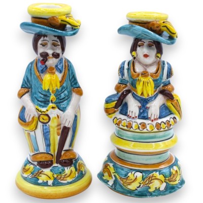 Paar "Signorotti" Lumiere lampen, in Caltagirone keramiek - h 20 cm ca. blauwe decoratie in barokstijl - 