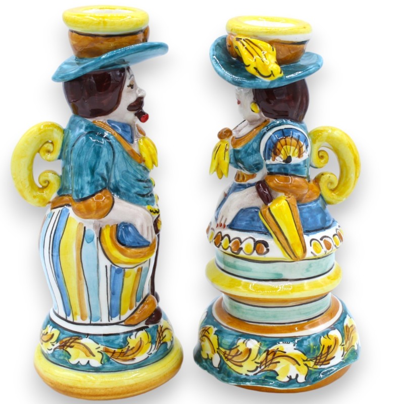 Ett par "Signorotti" Lumiere lampor, i Caltagirone keramik - h 20 cm ca. dekoration i blå barockstil - 