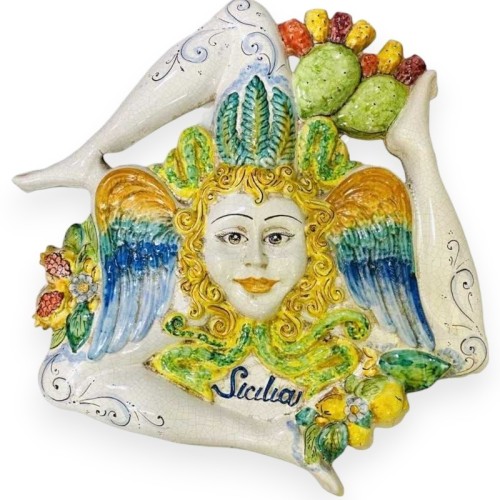 Trinacria Gigante in ceramica di Caltagirone h 62 cm c.a. modello con con Frutta e Smalto Craquelè MD1 - 