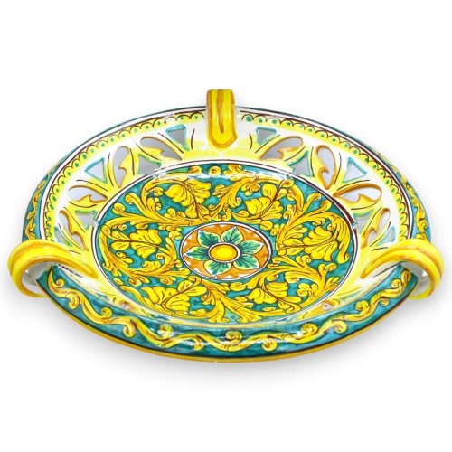 Centre de table coupe à fruits perforé avec anses, céramique Caltagirone, Ø environ 40 cm. (1pc) décoration baroque avec