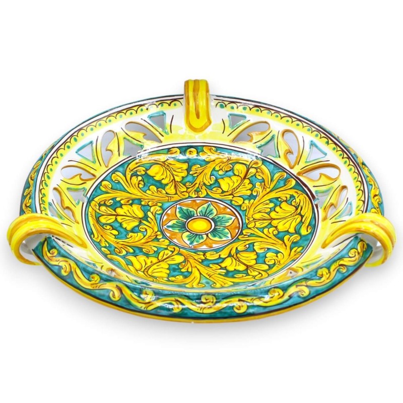Centro de fruteira perfurada com alças, cerâmica Caltagirone, Ø aproximadamente 40 cm. (1pc) decoração barroca com palme