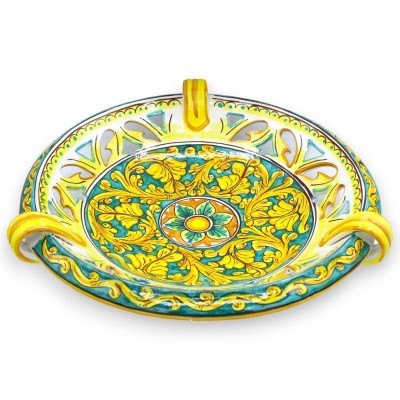 Centre de table coupe à fruits perforé avec anses, céramique Caltagirone, Ø environ 40 cm. (1pc) décoration baroque avec