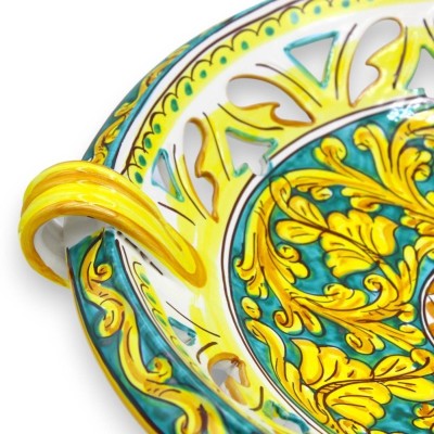 Centre de table coupe à fruits perforé avec anses, céramique Caltagirone, Ø environ 40 cm. (1pc) décoration baroque avec