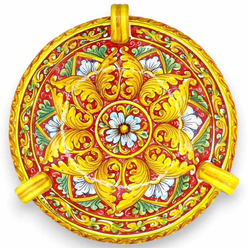 Centrotavola fruttiera con manici, ceramica Caltagirone, Ø 40 cm ca. (1Unità) fondo rosso, decoro barocco e fiore - 