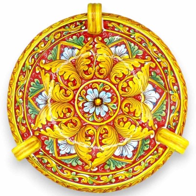 Centre de table coupe à fruits avec anses, céramique Caltagirone, Ø environ 40 cm. (1pc) fond rouge, décoration baroque 