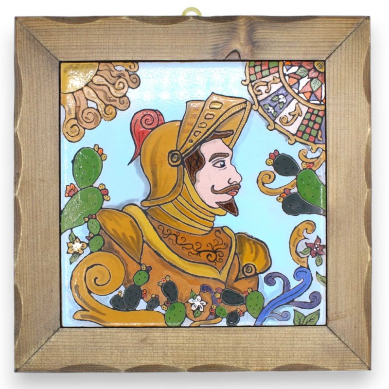 Framed tile, Sicilian ceramic and wooden frame, h 27 x 27 cm approx. - Paladino decoration and Sicilian elements - 
