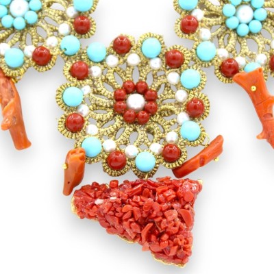 Collier de perles naturelles et dentelle de frivolité, L 48 + 3 cm env. Perles de Majorque, Turquoise et Corail - 