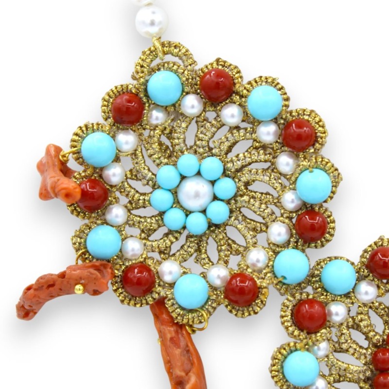 Collier de perles naturelles et dentelle de frivolité, L 48 + 3 cm env. Perles de Majorque, Turquoise et Corail - 
