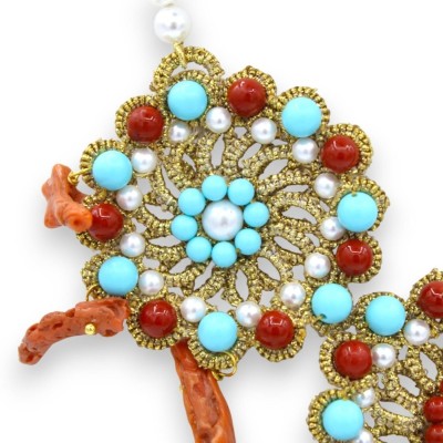 Colar de pérolas naturais e renda, C 48 + 3 cm aprox. Pérolas de Maiorca, Turquesa e Coral - 