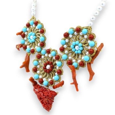 Collana Perle Naturali e Pizzo Chiacchierino siciliano, con Turchese, Coralli e Perle di Maiorca, L 48 + 3 cm ca. - 