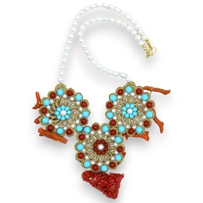 Collier de perles naturelles et dentelle de frivolité, L 48 + 3 cm env. Perles de Majorque, Turquoise et Corail - 