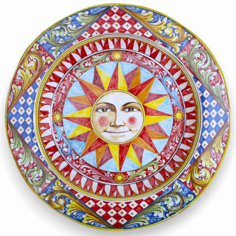 Piatto Ornamentale a falda, ceramica Caltagirone Ø 55 cm ca. decoro sole, barocco e carretto siciliano - 