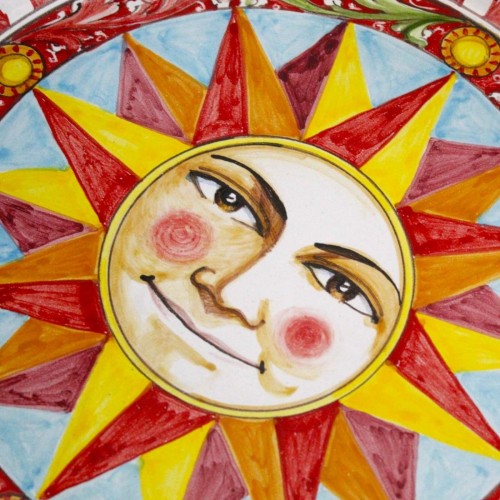 Piatto Ornamentale a falda, ceramica Caltagirone Ø 55 cm ca. decoro sole, barocco e carretto siciliano -  2