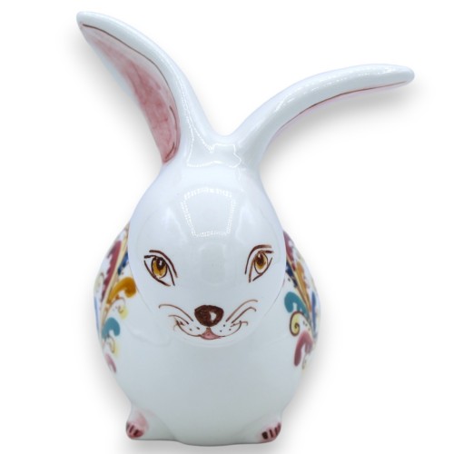 Coelho sentado em cerâmica Caltagirone altura 13 x 12 cm aprox. fundo branco com decoração barroca multicolorida -  2