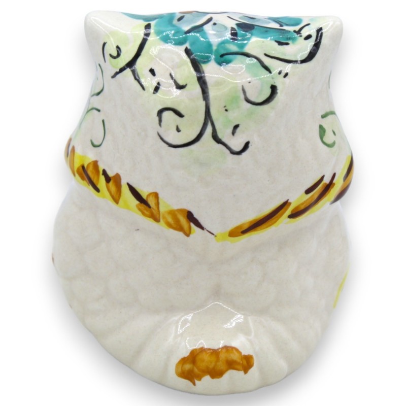 Hängebauch-Eule aus Caltagirone-Keramik, ca. 9 und 7 cm hoch. Grünspan-Hintergrund und Zitronendekoration - 