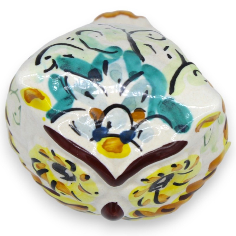 Hängebauch-Eule aus Caltagirone-Keramik, ca. 9 und 7 cm hoch. Grünspan-Hintergrund und Zitronendekoration - 